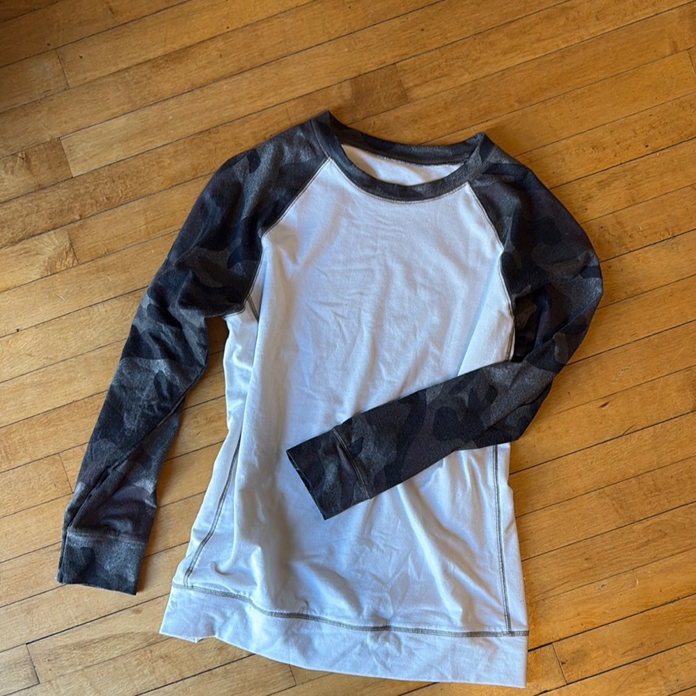 Women’s White & Camo Raglan Crewneck